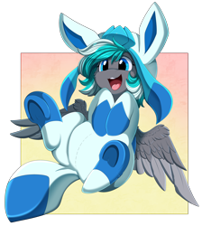 Size: 3330x3709 | Tagged: safe, artist:pridark, oc, oc only, oc:kyuflake, glaceon, pegasus, pony, clothes, colored wings, commission, costume, crossover, cute, happy, high res, kigurumi, male, multicolored wings, nintendo, ocbetes, open mouth, pegasus oc, pokémon, solo, underhoof, wings