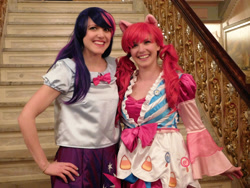 Size: 2827x2121 | Tagged: safe, artist:brinycosplay, pinkie pie, twilight sparkle, human, equestria girls, g4, clothes, cosplay, costume, dress, duo, gala dress, high res, irl, irl human, photo, ponycon 2016, ponycon nyc