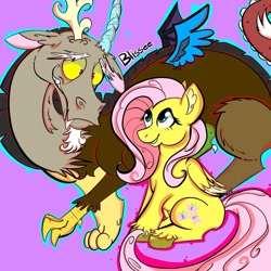 Size: 1080x1080 | Tagged: safe, artist:blissee, discord, fluttershy, draconequus, pony, g4, blue outline, female, grin, long mane, looking at each other, male, nervous, nervous smile, outline, ship:discoshy, shipping, signature, smiling, straight