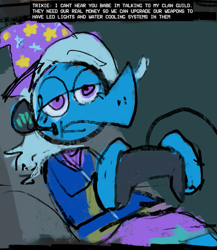 Size: 723x834 | Tagged: safe, artist:cate wurtz, trixie, unicorn, semi-anthro, g4, arm hooves, clothes, controller, dialogue, equestria girls outfit, female, gaming, gaming headset, hat, headset, lidded eyes, open mouth, sitting, solo, trixie's hat