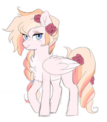 Size: 1280x1464 | Tagged: safe, artist:void-sommar, oc, oc only, oc:rosemary, pegasus, pony, chest fluff, female, flower, flower in hair, magical lesbian spawn, mare, offspring, parent:applejack, parent:rainbow dash, parents:appledash, simple background, solo, white background