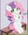 Size: 2392x3000 | Tagged: safe, artist:freefraq, sweetie belle, pony, unicorn, g4, apple juice, belly button, bench, blushing, cute, diasweetes, ear fluff, female, filly, fluffy, happy, high res, juice, juice box, smiling, solo, weapons-grade cute