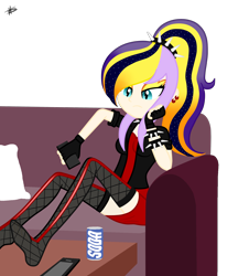 Size: 1630x1800 | Tagged: safe, artist:princessmoonsilver, oc, oc only, oc:ashlyn, equestria girls, g4, clothes, feet on table, female, fishnet stockings, jacket, missing shoes, punk, simple background, skirt, solo, stocking feet, stockings, thigh highs, transparent background