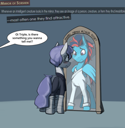 Size: 1192x1216 | Tagged: safe, artist:triplesevens, oc, oc only, oc:andrew swiftwing, oc:triple sevens, pegasus, pony, unicorn, /mlptg/ the bannermanes, blushing, clothes, fantasy class, implied shipping, magic mirror, mirror, robe, rogue, text, wings