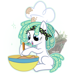 Size: 1643x1572 | Tagged: dead source, safe, artist:rerorir, oc, oc only, earth pony, pony, batter, chef's hat, drugs, female, food, hat, mare, marijuana, solo