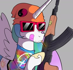 Size: 2100x2000 | Tagged: safe, artist:swagstapiece, princess celestia, alicorn, pony, g4, ak-47, assault rifle, bandaid, beanie hat, cigarette, clothes, female, gray background, gun, hat, high res, mare, rifle, shirt, simple background, solo, sunglasses, tie dye, weapon