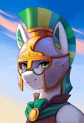 Size: 2000x2914 | Tagged: safe, artist:mrscroup, oc, oc only, oc:shell watch, pegasus, pony, equestria at war mod, armor, bust, glasses, green eyes, high res, portrait, solo, spartan, sunrise