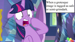 Size: 1280x720 | Tagged: safe, edit, edited screencap, editor:korora, screencap, twilight sparkle, g4, molt down, my little pony: friendship is magic, faic, horrified, inset, meta, text, what has been seen, window