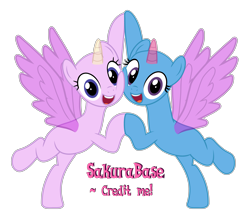 Size: 4681x4106 | Tagged: safe, artist:sakurastageani, oc, oc only, alicorn, pony, g4, road to friendship, :d, alicorn oc, bald, base, bipedal, duo, eyelashes, female, horn, mare, simple background, smiling, transparent background, wings