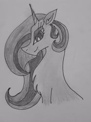 Size: 2408x3212 | Tagged: safe, artist:goldlines005, oc, oc only, oc:moonstar, pony, unicorn, bedroom eyes, chest fluff, female, grayscale, high res, horn, mare, monochrome, solo, traditional art, unicorn oc