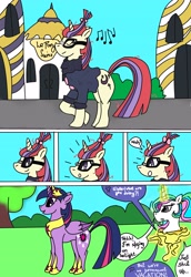 Size: 3048x4440 | Tagged: safe, artist:goldlines005, moondancer, princess celestia, twilight sparkle, alicorn, pony, unicorn, g4, building, bust, comic, dialogue, female, glowing horn, horn, implied princess luna, jewelry, magic, mare, outdoors, peytral, portal, telekinesis, tiara, twilight sparkle (alicorn)