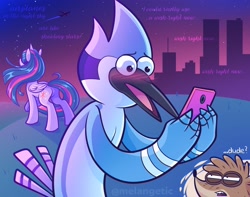 Size: 2980x2350 | Tagged: safe, artist:melangetic, twilight sparkle, alicorn, bird, blue jay, pony, raccoon, g4, airplanes (song), butt, cellphone, crossover, crossover shipping, female, high res, male, mare, meme, mordecai, mordetwi, night, phone, plot, regular show, rigby (regular show), shipping, skyscraper, smartphone, straight, text, twilight sparkle (alicorn)