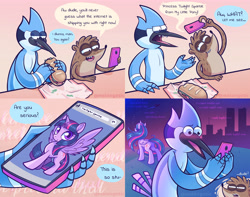 Size: 5960x4700 | Tagged: safe, artist:melangetic, twilight sparkle, alicorn, bird, blue jay, pony, raccoon, g4, aeroplanes and meteor showers, airplanes (song), butt, cellphone, comic, crossover, crossover shipping, female, food, male, mare, meme, mordecai, mordetwi, night, phone, plot, regular show, rigby (regular show), sandwich, shipping, skyscraper, smartphone, speech bubble, straight, text, twilight sparkle (alicorn)