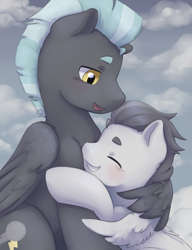 Size: 3775x4905 | Tagged: safe, artist:aquoquoo, rumble, thunderlane, pegasus, pony, backwards cutie mark, brothers, colt, cute, eyes closed, grin, hug, male, open mouth, open smile, rumblebetes, siblings, smiling, stallion, winghug, wings