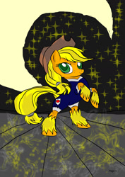 Size: 1240x1754 | Tagged: safe, artist:foxgearstudios, applejack, earth pony, pony, g4, clothes, crescent moon, hat, moon, rearing, smiling, solo, stars, transparent moon, unshorn fetlocks