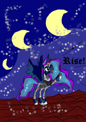 Size: 1240x1754 | Tagged: safe, artist:foxgearstudios, princess luna, alicorn, pony, g4, armor, crescent moon, hoof shoes, horn, moon, night, raised hoof, solo, stars, talking, transparent moon, wings