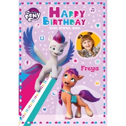 Size: 1500x1500 | Tagged: safe, sunny starscout, zipp storm, earth pony, human, pegasus, pony, g5, official, abstract background, birthday card, card, female, flying, irl, irl human, looking down, looking up, mare, merchandise, my little pony logo, photo, target demographic, text