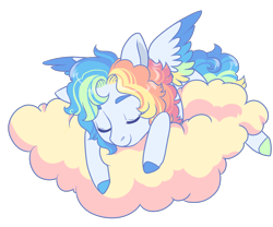 Size: 1200x1000 | Tagged: safe, artist:lavvythejackalope, oc, oc only, pegasus, pony, cloud, colored hooves, commission, eyes closed, multicolored hair, on a cloud, pegasus oc, rainbow hair, simple background, sleeping, solo, transparent background, two toned wings, wings, ych result
