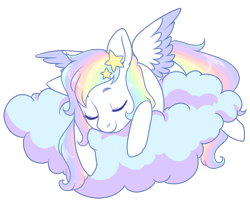 Size: 1200x1000 | Tagged: safe, artist:lavvythejackalope, oc, oc only, pegasus, pony, cloud, commission, eyes closed, multicolored hair, on a cloud, pegasus oc, rainbow hair, simple background, sleeping, smiling, solo, transparent background, two toned wings, wings, ych result