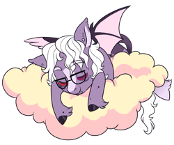 Size: 1200x1000 | Tagged: safe, artist:lavvythejackalope, oc, oc only, bat pony, pony, bat pony oc, bat wings, cloud, colored hooves, commission, eyes closed, glasses, on a cloud, simple background, sleeping, solo, transparent background, wings, ych result