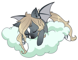 Size: 1300x1000 | Tagged: safe, artist:lavvythejackalope, oc, oc only, bat pony, pony, bat pony oc, bat wings, cloud, commission, eyes closed, on a cloud, simple background, sleeping, solo, transparent background, wings, ych result