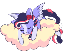 Size: 1200x1000 | Tagged: safe, artist:lavvythejackalope, oc, oc only, pegasus, pony, braided tail, cloud, commission, eyes closed, flower, flower in hair, on a cloud, pegasus oc, rose, simple background, sleeping, solo, transparent background, two toned wings, wings, ych result