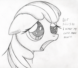Size: 500x437 | Tagged: safe, artist:srmario, apple bloom, earth pony, pony, call of the cutie, g4, female, filly, floppy ears, grayscale, implied applejack, lineart, missing accessory, monochrome, open mouth, solo, talking, traditional art
