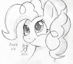 Size: 500x443 | Tagged: safe, artist:srmario, pinkie pie, earth pony, pony, g4, bust, eyelashes, female, grayscale, lineart, mare, monochrome, smiling, solo, traditional art