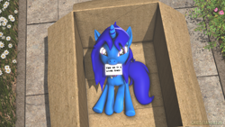 Size: 1920x1080 | Tagged: safe, artist:christian69229, oc, oc only, oc:delly, pony, unicorn, 3d, box, cardboard box, collar, cute, female, letter, looking at you, mare, mouth hold, ocbetes, pony in a box, sitting, smiling, solo, source filmmaker