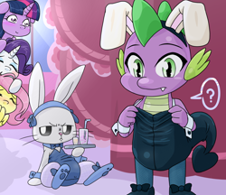 Size: 1480x1280 | Tagged: safe, artist:batipin, angel bunny, fluttershy, rarity, spike, twilight sparkle, dragon, pegasus, pony, unicorn, g4, blushing, bunny ears, bunny suit, clothes, confused, crossdressing, fluttershy likes femboys, question mark