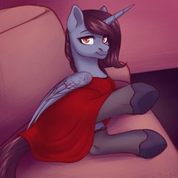 Size: 1500x1500 | Tagged: safe, artist:nika-rain, oc, oc only, oc:joyful journey, alicorn, pony, fallout equestria, alicorn oc, artificial alicorn, clothes, crossdressing, femboy, freckles, horn, looking at you, male, red dress, solo, stockings, thigh highs, wings