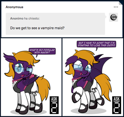Size: 1024x966 | Tagged: safe, artist:alexdti, oc, oc only, oc:purple creativity, bat pony, pony, bat ponified, clothes, confused, crossdressing, fangs, glasses, looking at you, maid, male, open mouth, race swap, solo