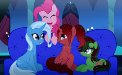 Size: 3712x2286 | Tagged: safe, artist:timelessdragonyt, pinkie pie, trixie, oc, alicorn, bat pony, earth pony, pony, unicorn, g4, adopted offspring, alicorn oc, bat pony oc, couch, cutie mark, eyelashes, family, female, happy, high res, horn, lesbian, ship:trixiepie, shipping, watermark, wings