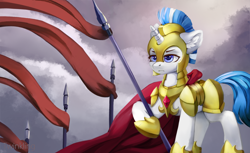 Size: 2400x1466 | Tagged: safe, artist:twinkling, oc, oc only, pony, unicorn, armor, cloak, clothes, female, flag, guardsmare, mare, royal guard, solo, spear, weapon