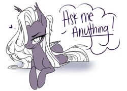 Size: 500x357 | Tagged: safe, artist:pixxpal, oc, oc only, oc:lilac night, bat pony, pony, ask, cute, dialogue, hair over one eye, heart, lidded eyes, looking at you, smiling, solo