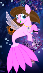 Size: 966x1623 | Tagged: safe, artist:eclipse-knight15, oc, oc only, pegasus, pony, seapony (g4), base used, blue eyes, brown mane, bubble, dorsal fin, female, fin wings, fish tail, flowing mane, flowing tail, glowing, jewelry, looking at you, necklace, ocean, open mouth, seaponified, seaquestria, smiling, solo, species swap, tail, underwater, water, wings