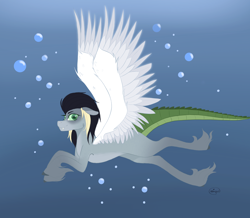 Size: 3324x2903 | Tagged: safe, artist:alliea1, oc, oc only, alligator, hybrid, pegasus, pony, bubble, crepuscular rays, fangs, feather, green eyes, high res, ocean, signature, smiling, solo, spread wings, swimming, tail, underwater, unshorn fetlocks, water, wings