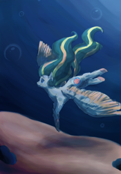 Size: 1400x2000 | Tagged: safe, artist:psycrisps, oc, oc only, pegasus, pony, blue eyes, bubble, crepuscular rays, feather, flowing mane, flowing tail, ocean, signature, smiling, solo, spread wings, swimming, underwater, water, wings