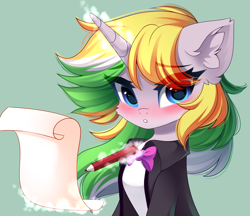 Size: 3852x3333 | Tagged: safe, artist:airiniblock, oc, oc only, oc:lemons woosh, pony, unicorn, rcf community, bust, clothes, commission, ear fluff, high res, horn, magic, pencil, portrait, scroll, solo, telekinesis, unicorn oc