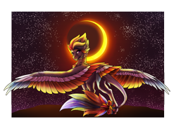 Size: 4961x3508 | Tagged: safe, artist:oneiria-fylakas, oc, oc only, pegasus, pony, colored wings, eclipse, female, mare, multicolored wings, solo, tail feathers, wings