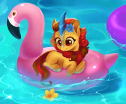 Size: 988x818 | Tagged: safe, artist:switchsugar, oc, oc only, kirin, colored pupils, cute, female, filly, floaty, flower, flower in hair, inflatable, inflatable flamingo, inflatable float, inflatable toy, inner tube, kirin oc, looking down, lying down, ocbetes, pool toy, prone, smiling, solo, water