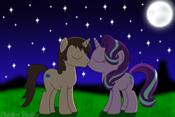 Size: 1600x1067 | Tagged: safe, artist:phantomshadow051, starlight glimmer, oc, oc:brandon, pony, unicorn, g4, branglimmer, canon x oc, duo, duo male and female, eyes closed, female, horn, kissing, male, moon, shipping, stars