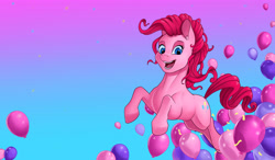 Size: 4833x2831 | Tagged: safe, artist:toonlumps, pinkie pie, earth pony, pony, g4, balloon, chest fluff, ear fluff, female, high res, looking at you, mare, open mouth, solo, unshorn fetlocks