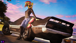 Size: 3840x2160 | Tagged: safe, artist:shadowboltsfm, sunset shimmer, anthro, plantigrade anthro, g4, 3d, 4k, aviator sunglasses, beautiful, beautisexy, blender, boots, car, clothes, crossed legs, eyelashes, high heel boots, high res, jacket, jeans, lipstick, nail polish, not sfm, pants, shoes, smiling, standing, sunglasses