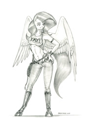 Size: 1000x1387 | Tagged: safe, artist:baron engel, fluttershy, pegasus, anthro, unguligrade anthro, g4, boots, breasts, bullwhip, busty fluttershy, clothes, female, monochrome, panties, pants, pencil drawing, shoes, smiling, solo, thong, traditional art, underwear