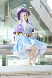 Size: 2000x3000 | Tagged: safe, artist:mieucosplay, artist:notsoprophoto, trixie, human, bronycon, bronycon 2017, g4, cape, clothes, cosplay, costume, hat, high res, irl, irl human, photo, sitting, trixie's cape, trixie's hat
