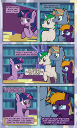 Size: 1920x3169 | Tagged: safe, artist:alexdti, twilight sparkle, oc, oc:brainstorm (alexdti), oc:purple creativity, oc:star logic, alicorn, pegasus, pony, unicorn, comic:quest for friendship, g4, comic, female, glasses, grammar error, male, speech bubble, twilight sparkle (alicorn)