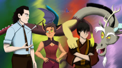 Size: 2400x1350 | Tagged: safe, artist:thomasrat, discord, draconequus, human, hybrid, g4, abstract background, avatar the last airbender, cat ears, catra, claws, crossover, dagger, female, loki, looking at each other, male, marvel, marvel cinematic universe, nail polish, reformed, she-ra and the princesses of power, signature, similarities, spoilers for another series, tom hiddleston, weapon, zuko