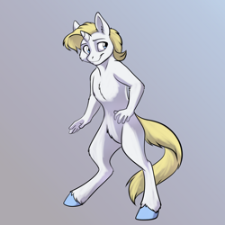 Size: 1000x1000 | Tagged: safe, artist:foxenawolf, oc, oc only, oc:pearl belle (goldfur), hybrid, unicorn, anthro, fanfic:off the mark, fanfic art, female, nudity, offspring, parent:oc:mark wells, parent:rarity, parents:canon x oc, solo, unshorn fetlocks