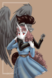 Size: 1000x1500 | Tagged: safe, artist:jbcblanks, oc, oc:rylo rum, oc:white jade, pegasus, unicorn, anthro, black, bully, clothes, commission, cute, delinquent, dress, gray, jacket, leather jacket, maroon, pink, white, wings